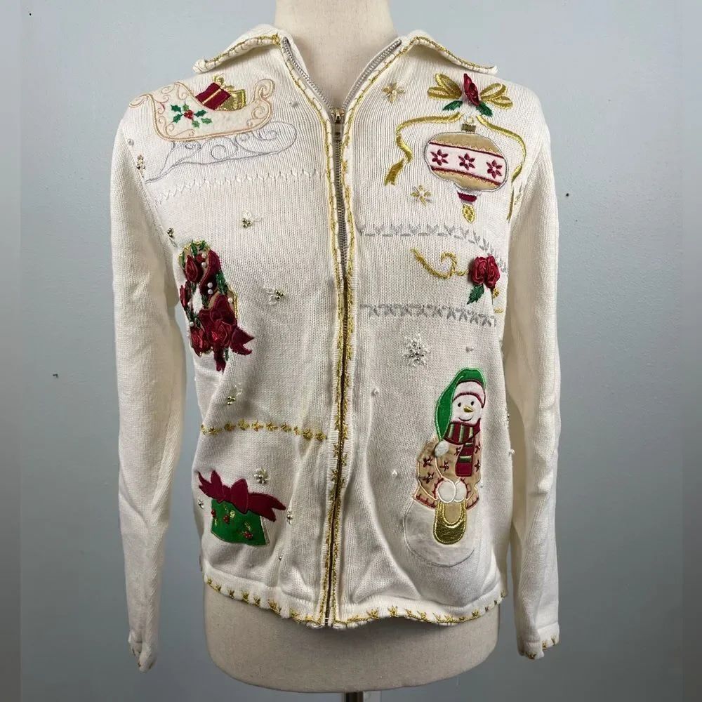 Sarah Bentley Holiday Full Zip Sweater Top Size S EUC